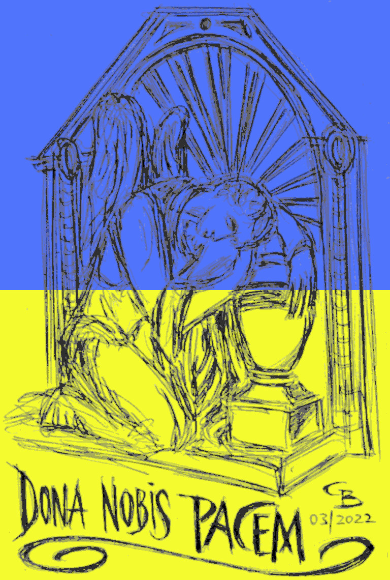 Das Bild zeigt einen knienden Engel vor einem Grabmal. Davor steht der Schriftzug "Dana Notiz Pacem - Verleih uns Frieden". Der Bildhintergrund zeigt die Farben der ukrainischen Nationalflagge: Gelb & Blau