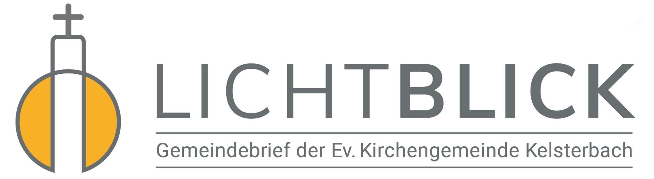 Logo des neuen Gemeindebriefs "Lichtblick": auf der linken Seite sieht man eine stilisierte Kirche aus einem senkrecht stehenden Rechteck mit Kreuz oben, das den Kirchturm symbolisieren soll. Das Kirchengebäude ist als gelb gefüllter Kreis dargestellt. Rechts daneben der Schriftzug "Lichtblick" und darunter "Gemeindebrief der evangelischen Kirchengemeinde Kelsterbach"