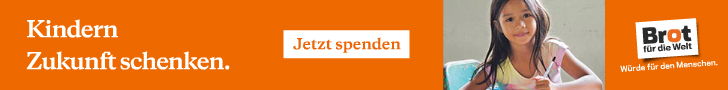 Banner der Spendenaktion Brot für die Welt: Kindern Zukunft schenken; Daneben ein Bild eines Mädchens bei ihren Schulaufgaben